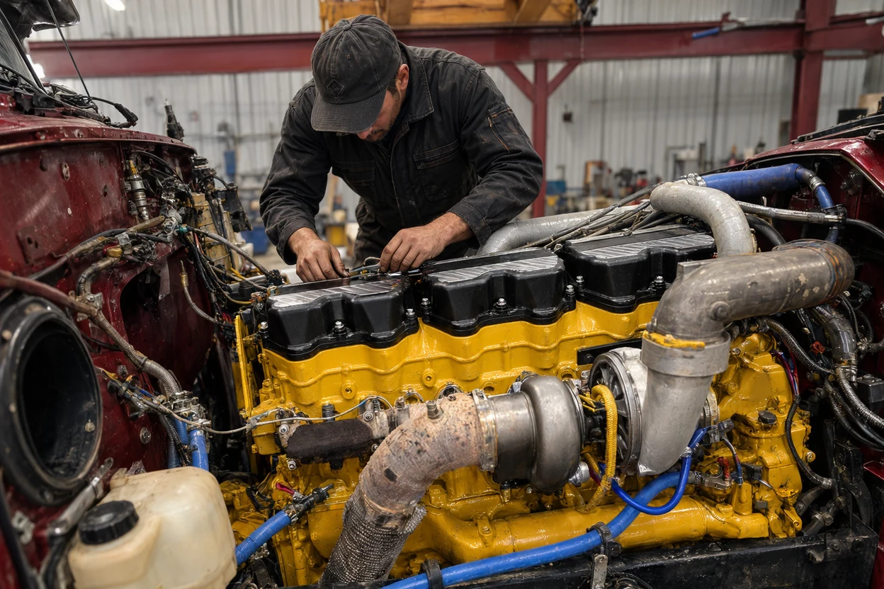 Mecánico trabajando sobre la parte superior de un motor diésel desarmado en el taller
